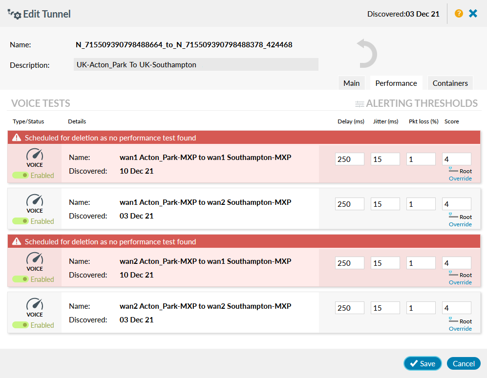 SD-WAN edit Tunnel panel Performance tab